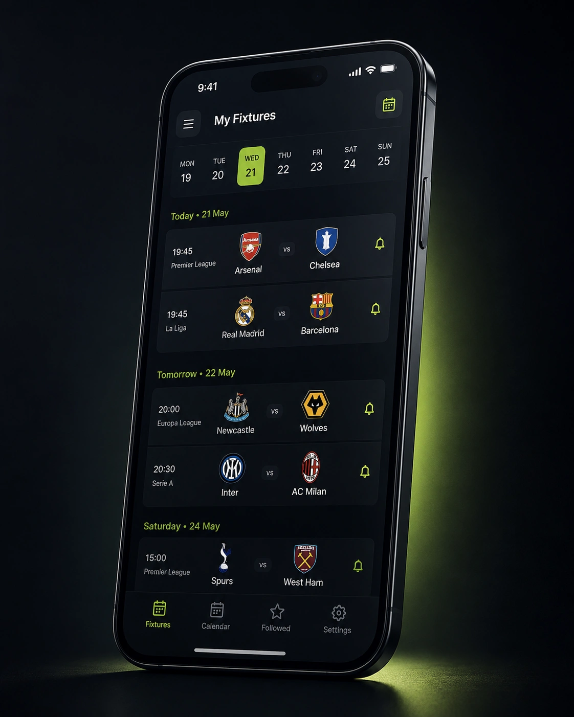 MySportCal calendar sync preview showing a football fixture inside a personal calendar